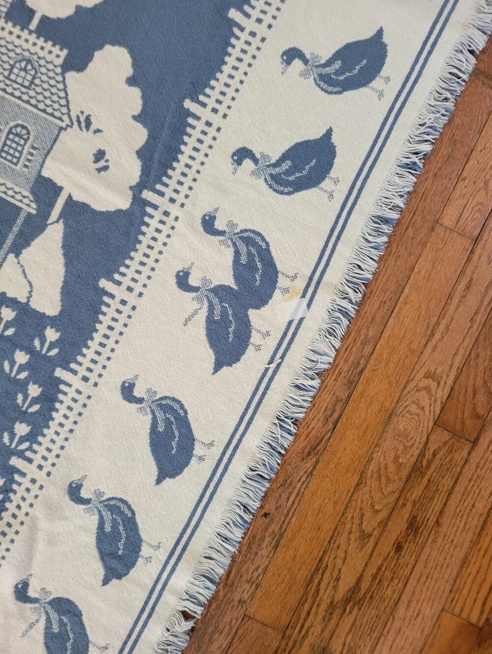 Vtg Woven Tapestry Throw Blanket Country Geese House Cottagecore Blue 48x62